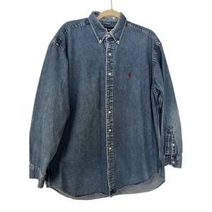 Ralph Lauren Blaire Denim Jean Shirt VTG Men XL Blue Button Long Sleeve Red Pony